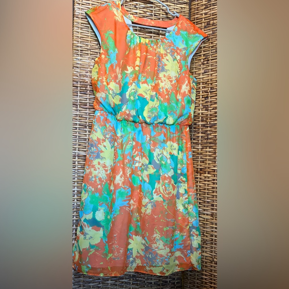 Petite Floral Orange and Blue Dress